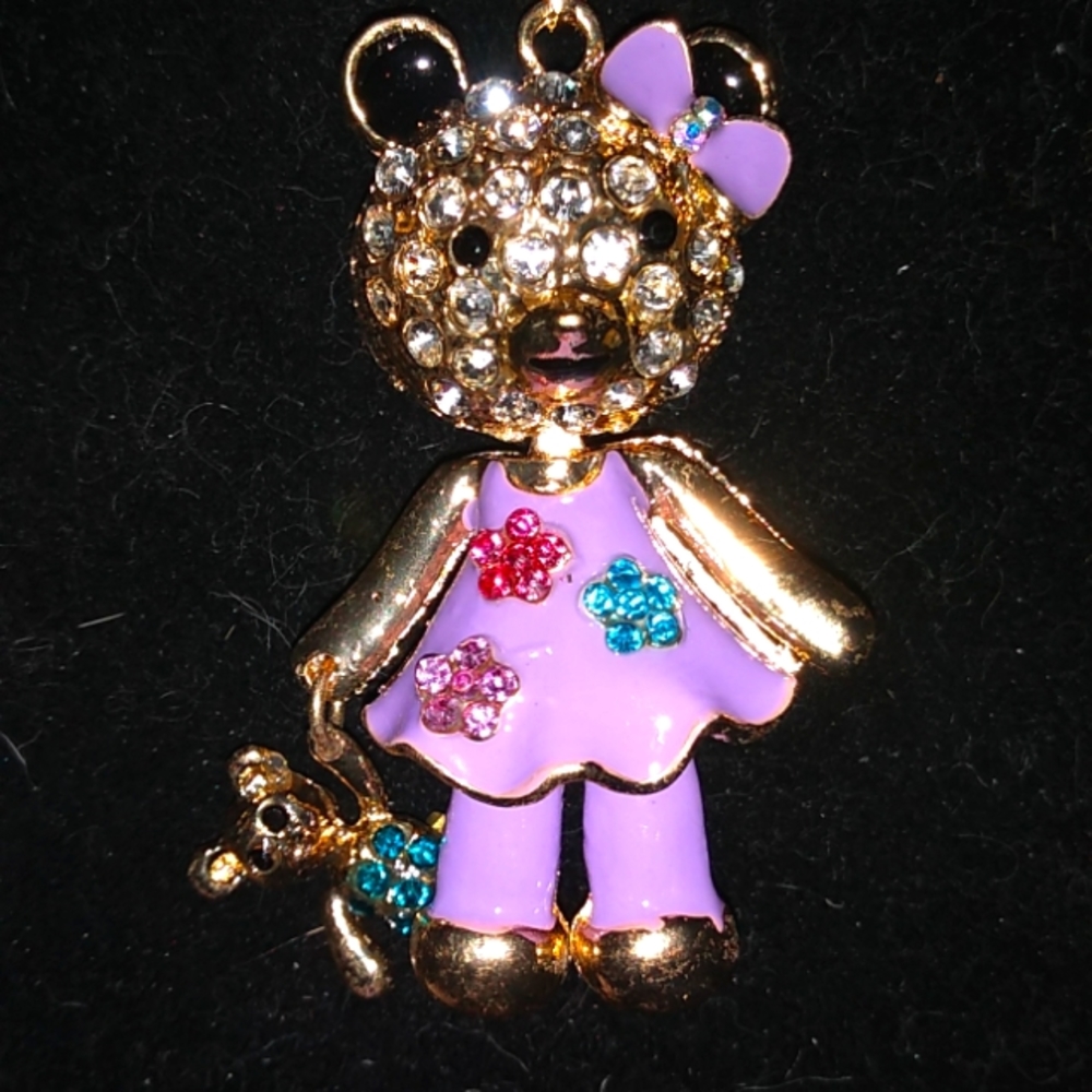 Purple Enamel & White Crystal Moveable Bear wTeddy Pendant Necklace
